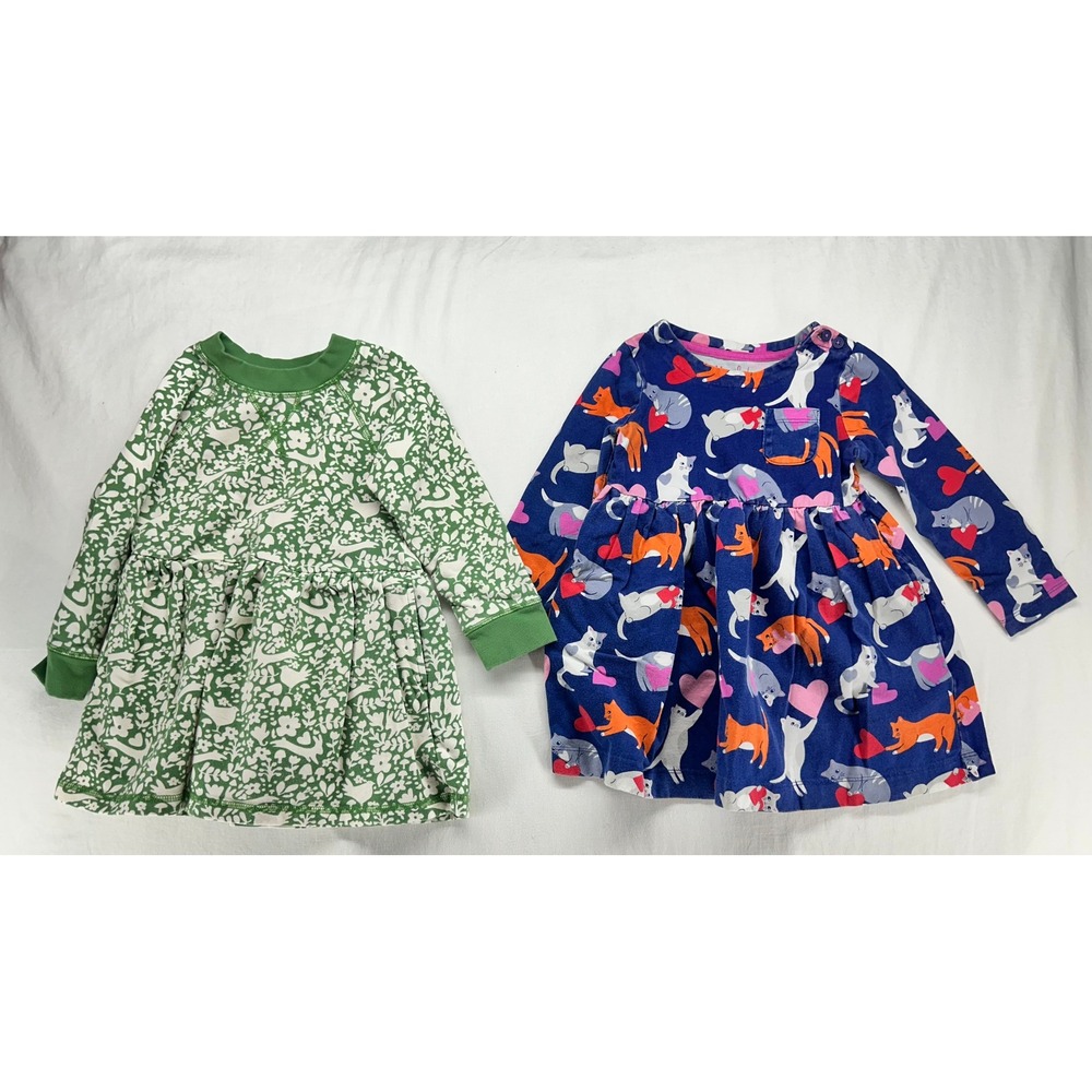 Mini Boden Girls Dress Lot 2-3Y Green Floral Blue Cat Heart Long Sleeve Cotton